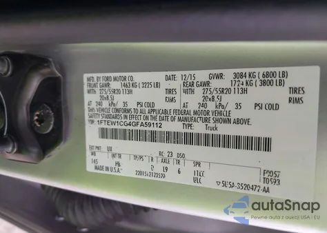 2016 Ford F-150 Lariat from USA, damaged, VIN 1FTEW1CG4GFA59112